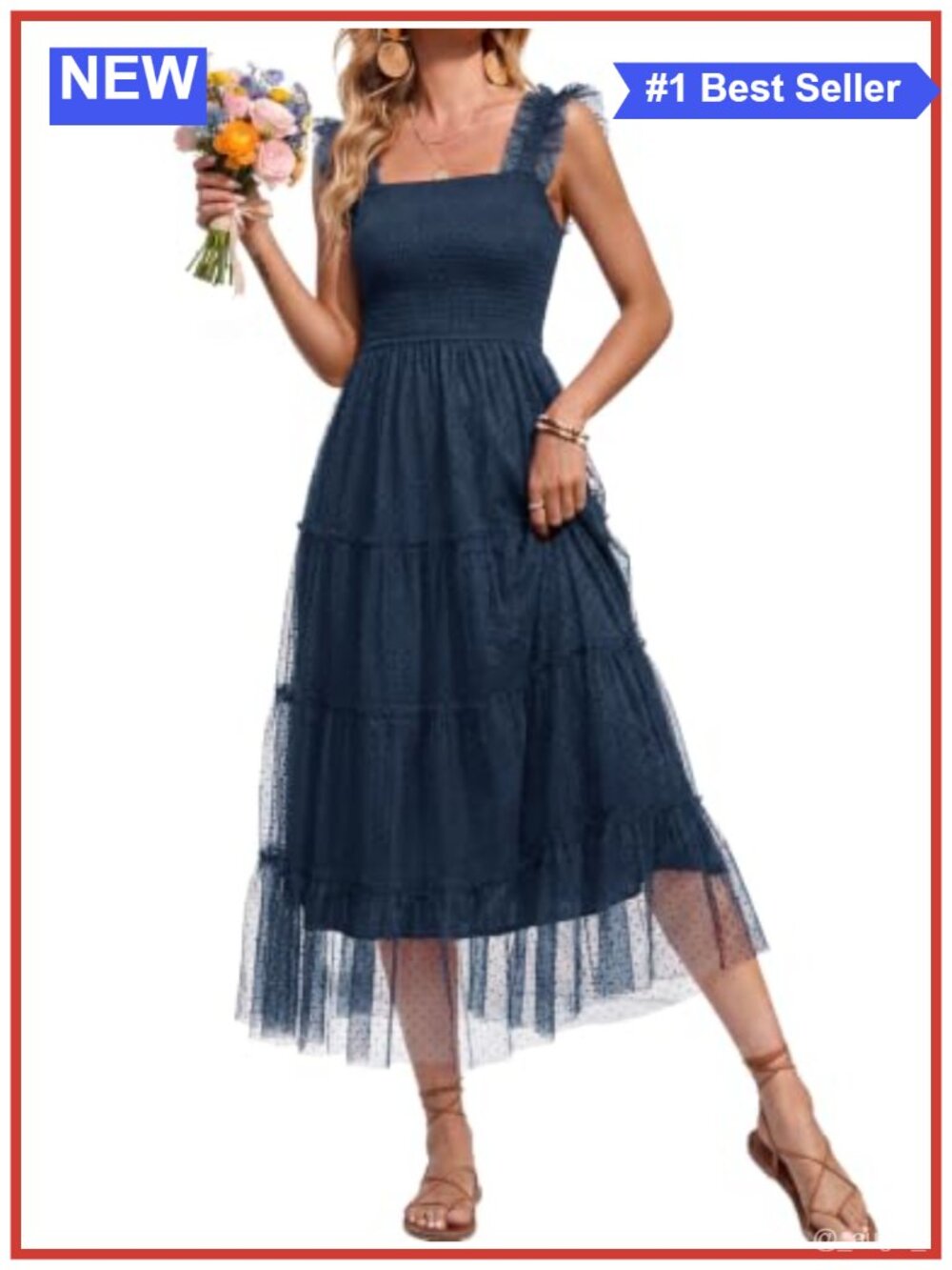 Women's Tulle Midi Dress Smocked Polka Dot Ruffle Sleeveless Wedding Guest